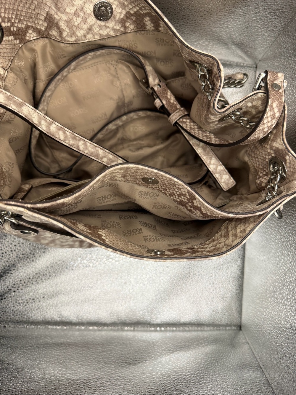 Michael Kors Taupe Snake-Print Shoulder Bag with Chain Straps - Picture 4 of 7